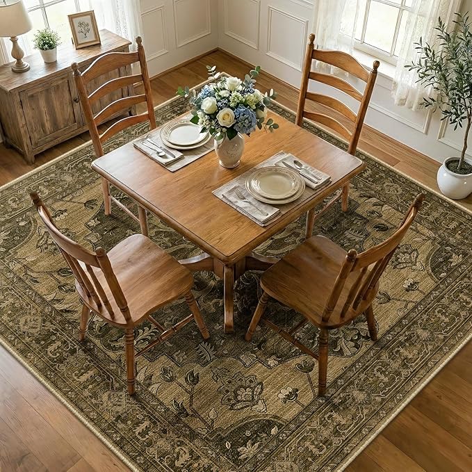 RELEANY Area Rugs Square 7ft Washable Non-Slip, Floral Vintage Distress Print Pattern Medallion Carpet for Living Room Bedroom Dining Room, Brown Dark Brown