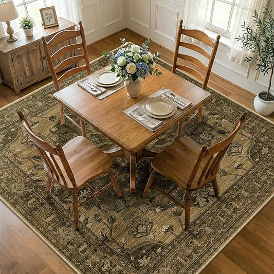 RELEANY Area Rugs Square 8ft Washable Non-Slip, Floral Vintage Distress Print Pattern Medallion Carpet for Living Room Bedroom Dining Room, Brown Dark Brown
