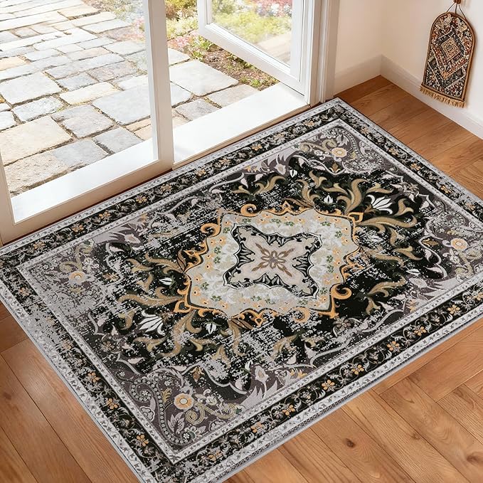 RUSHUFFY 2x3 Washable Small Rug Door Mat, Rugs for Entryway, Vintage Boho Distressed Print Pattern Non-Slip Carpet, Throw Rug for Indoor Entrance Kitchen Bedroom Bathroom Laundry Floor, Black & Gold
