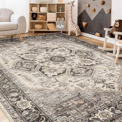 Area Rug for Living Room - 10x14 Soft Machine Washable Oriental Vintage Floral Distressed Large Indoor Floor Carpet for Bedroom Under Dining Table Home Office Decor - Grey Brown