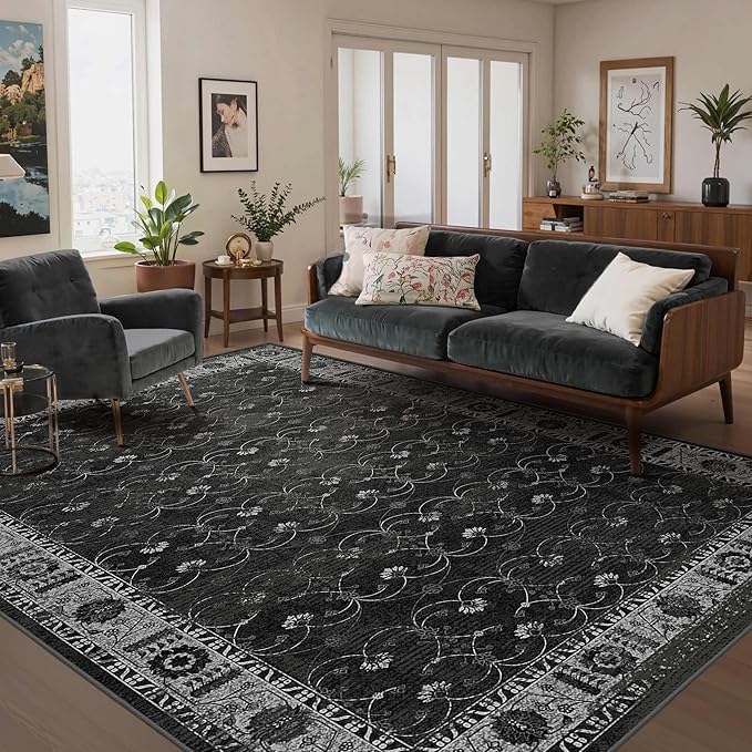 Rugxara 6x9 Washable Area Rug for Living Room, Neutral Vintage Large Boho Rugs for Office, Dining Room, Kids Room, Farmhouse, Durable Low Pile Non Slip Carpet for High Traffic Areas, Black
