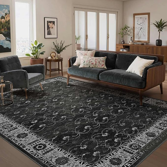 Rugxara 6x9 Washable Area Rug for Living Room, Neutral Vintage Large Boho Rugs for Office, Dining Room, Kids Room, Farmhouse, Durable Low Pile Non Slip Carpet for High Traffic Areas, Black