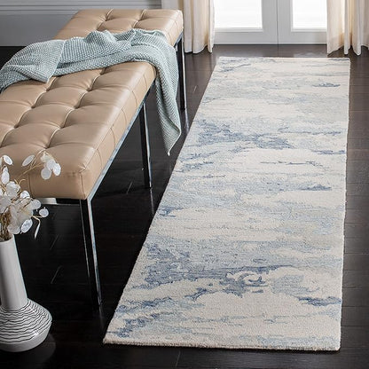 SAFAVIEH Abstract Collection Runner Rug - 2'3" x 20', Ivory & Blue, Handmade Abstract Wool, Ideal for High Traffic Areas in Living Room, Bedroom (ABT465A)