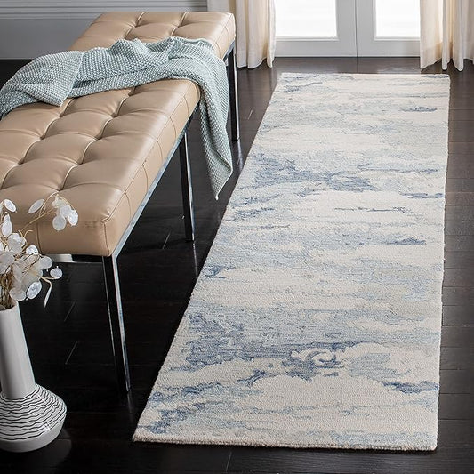 SAFAVIEH Abstract Collection Runner Rug - 2'3" x 14', Ivory & Blue, Handmade Abstract Wool, Ideal for High Traffic Areas in Living Room, Bedroom (ABT465A)