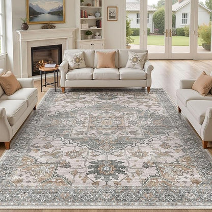 8x11 Washable Area Rugs for Living Room: Non Slip Vintage Gray Brown Rug, Large Soft Stain Resistant Indoor Floor Carpets for Bedroom Dining Room Nursery Home Office Kid & Pet Friendly