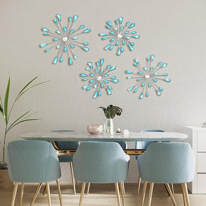 Hicarer 4 Pcs Starburst Wall Decor Bling Wall Art Crystal Teardrop 3D Hanging Rhinestone Radial Metal Artwork Modern Accent Sculptures Decorations for Living Room Home Office Bedroom(Blue)