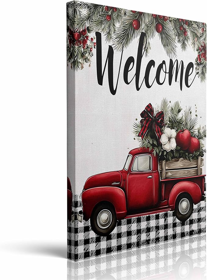 Welcome Sign Canvas Wall Art Framed Vintage Red Truck Christmas Wall Decor with Holly Berries Apples Pine Branches Farmhouse Artwork Print Poster for Living Room Entryway 12x16 Inches