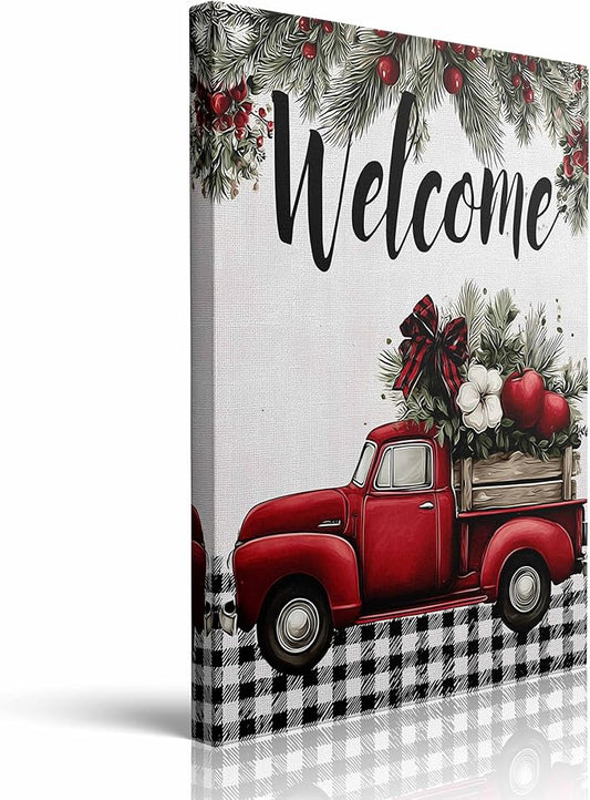 Welcome Sign Canvas Wall Art Framed Vintage Red Truck Christmas Wall Decor with Holly Berries Apples Pine Branches Farmhouse Artwork Print Poster for Living Room Entryway 12x16 Inches