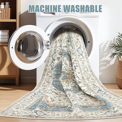 Area Rug for Living Room - 5x7 Soft Washable Oriental Vintage Floral Distressed Large Carpet - Fade Stain Resistant Non Slip Rugs for Bedroom Dining Room Nursery Dorm Office Home Decor - Blue/Beige