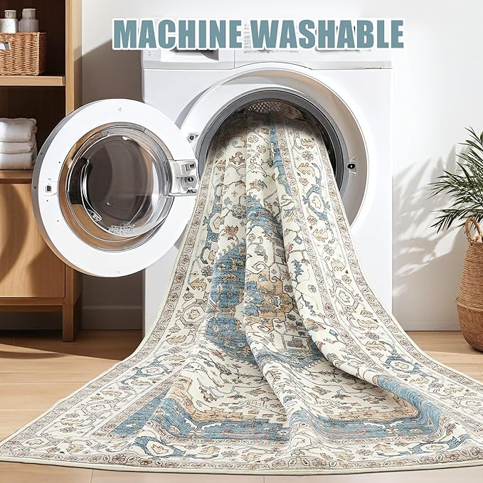 Area Rug for Living Room - 10x12 Soft Washable Oriental Vintage Floral Distressed Large Carpet - Fade Stain Resistant Non Slip Rugs for Bedroom Dining Room Nursery Dorm Office Home Decor - Blue/Beige