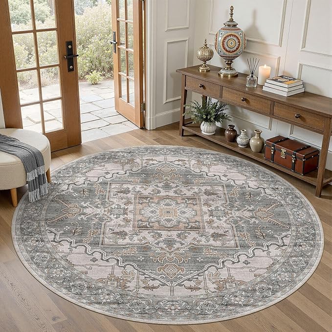 6ft Round Rug for Living Room: 6x6 Washable Vintage Gray Brown Area Rug, Large Non Slip Soft Stain Resistant Indoor Floor Carpet for Bedroom Dining Decor Home Office Kid & Pet Friendly
