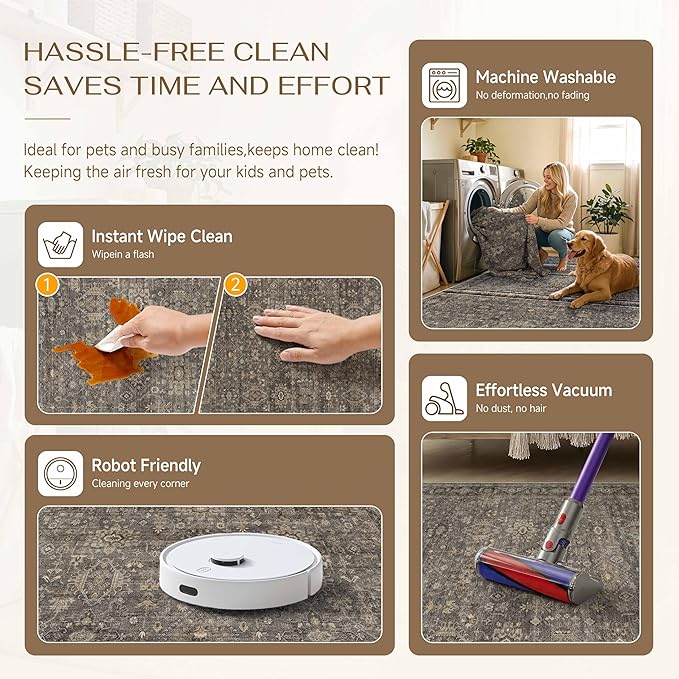 2x8 Washable Runner Rug for Hallway Kitchen Vintage Brown Non Slip Low Pile Carpet Traditional Retro Soft Throw Rug for Bathroom Bedroom Entryway Indoor Entrance