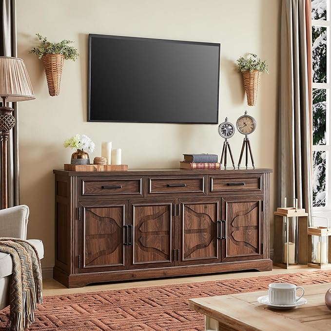 JXQTLINGMU TV Stand for TVs Up to 75", 66" Wide Entertainment Center with 4 Door & 3 Drawers, Media Console Table for Living Room, Brown