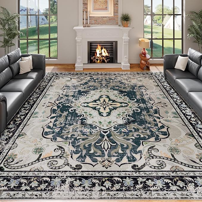 RUSHUFFY 6x9 Washable Area Rugs for Living Room, Non-Slip Boho Vintage Traditional Medallion Print Pattern Carpet for Bedroom Dining Room Farmhouse Nursery Room, Slate Blue & Beige
