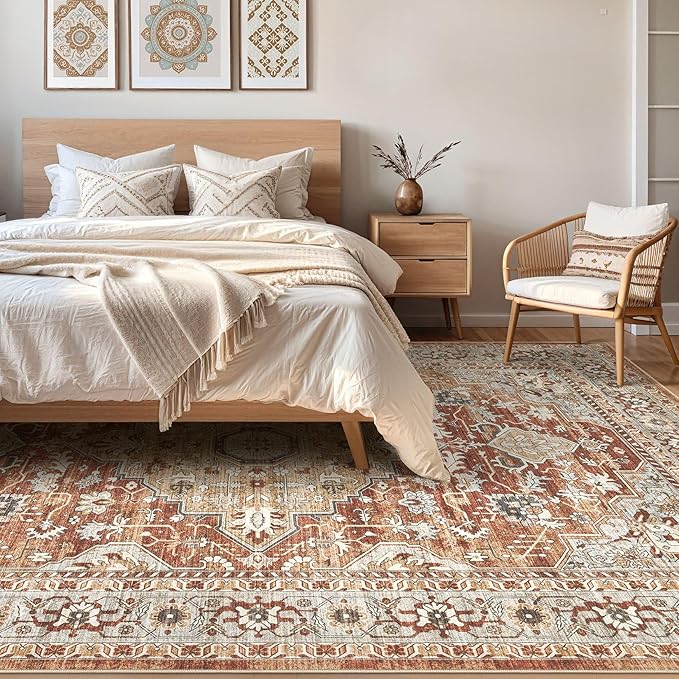 10x14 Area Rugs Living Room: Machine Washable Boho Large Vintage Soft Rug Stain Resistant Farmhouse Oriental Non Slip Indoor Carpet for Bedroom Nursery Kids Playroom Office Dining Room- Red Brown
