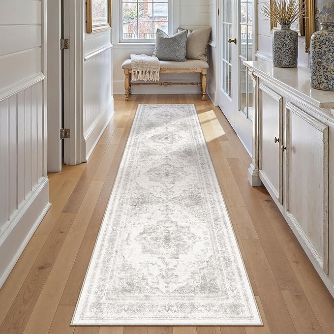 PureCozy Runner Rug 3x10 Washable Light Gray Hallway Runner Vintage Boho Medallion Non Slip Grey Distressed Retro Carpet Indoor Low Pile Long Soft Rug for Kitchen Entryway Bedroom Bathroom Laundry