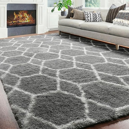 ONASAR 7x9 Area Rugs for Living Room Bedroom, Large Fluffy Grey and White Throw Rug, Geometric Soft Plush Shaggy Indoor Floor Carpet for Nursery Kids Girls Boys Teen Dorm Home Decor Aesthetic
