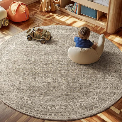 6ft Washable Round Rugs for Bedroom: Circle Living Room Rug Vintage Non Slip Low Pile Soft Faux Wool Non Shedding Boho Circular Rug for Entryway Kitchen Bathroom Office Dorm Entrance Nursery Indoor
