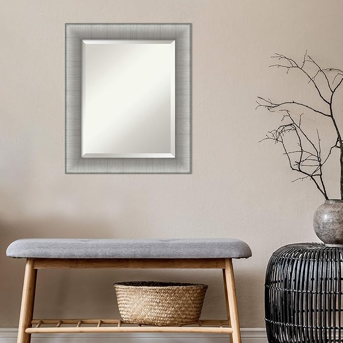 Amanti Art Silver Bathroom Mirror for Over Sink, 25x21 Elegant Brushed Pewter Rectangle Vanity Mirror, Small Casual Frame, Hangs Horizonally and Vertically, Bathroom Wall Decor, Beveled Edge