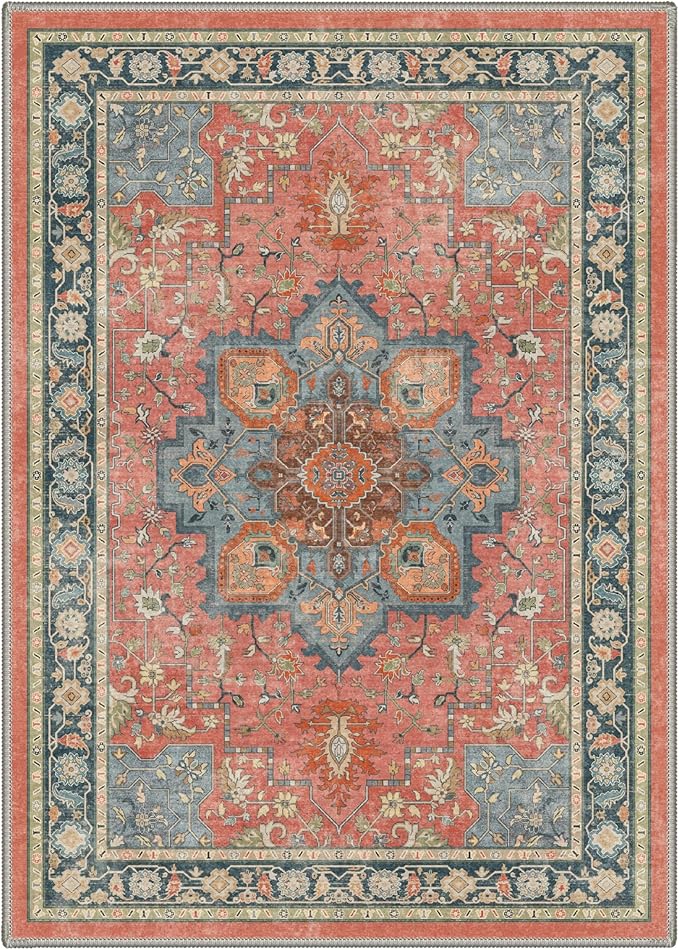 GENIMO 8x10 Area Rugs for Living Room, Machine Washable Rug, Non Slip Indoor Vintage Carpet, Low Pile Lightweight Chenille Print Carpet for Bedroom Dining Room Home Office, Dusty Terracotta