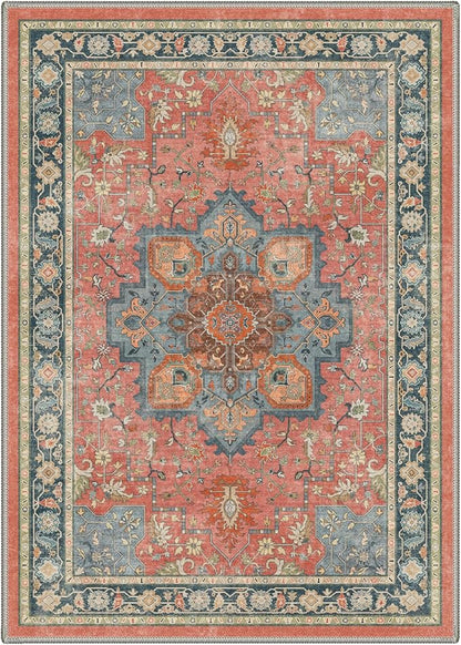 GENIMO 8x10 Area Rugs for Living Room, Machine Washable Rug, Non Slip Indoor Vintage Carpet, Low Pile Lightweight Chenille Print Carpet for Bedroom Dining Room Home Office, Dusty Terracotta