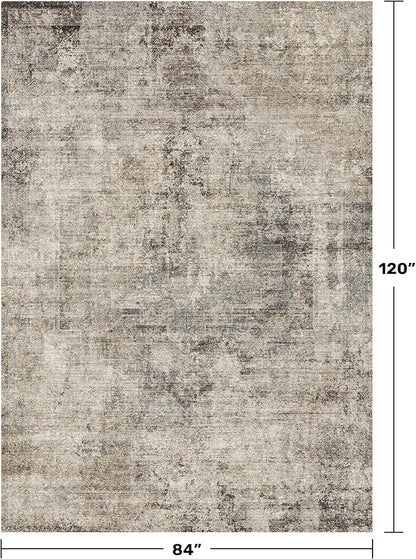 Washable Area Rug 7x10 for Living Room - Ultra-Soft Vintage Distressed Farmhouse Rug, Neutral Taupe Brown Foldable Large Carpet with Non-Slip Backing for Bedroom & Cozy Rustic Decor