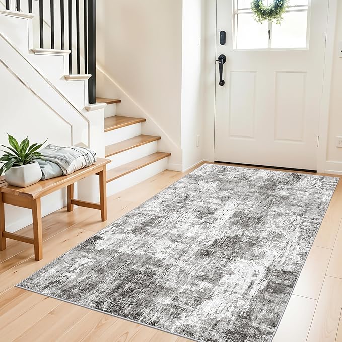 4x6 Entryway Rug – Non-Slip Low-Pile Small Area Rug for Kitchen Bedroom Living Room Office – Modern Abstract Neutral Throw Carpet with Rubber Backing (Grey)