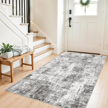 4x6 Entryway Rug – Non-Slip Low-Pile Small Area Rug for Kitchen Bedroom Living Room Office – Modern Abstract Neutral Throw Carpet with Rubber Backing (Grey)