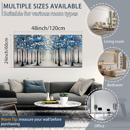 Trogonup Large Forest Wall Art for Living Room Blue and White Trees Landscape Painting Modern Textured Oil Painting for Bedroom Office Home Decor 24x48 Inch