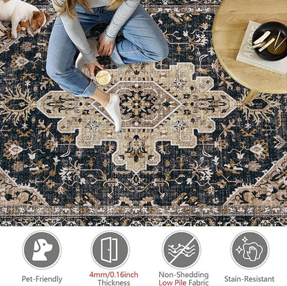 Area Rug 8x10 Vintage Rugs: Large Washable Living Room Rug Retro Medallion Distressed Soft Low Pile Non-Slip Indoor Floor Carpet for Bedroom Kitchen Nursery Dining Office (BeigeBlack, 8'x10')