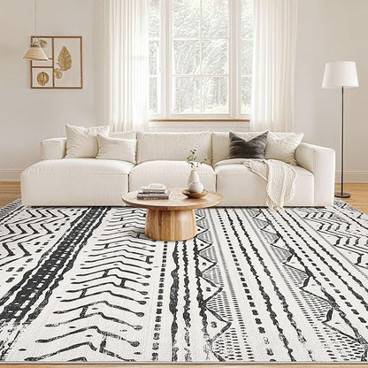 Nakagishi Black Rug for Living Room: 8x10 Washable Boho Large Neutral Soft Farmhouse Area Rugs Stain Resistant Modern Geometric Non-Slip Indoor Floor Carpet for Bedroom Playroom Office Dining Room