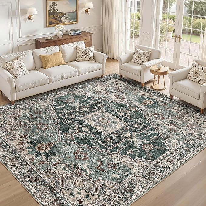 8x10 Washable Area Rugs for Living Room: Non Slip Vintage Green Rug, Large Soft Stain Resistant Indoor Floor Carpets for Bedroom Dining Room Nursery Home Office Kid & Pet Friendly