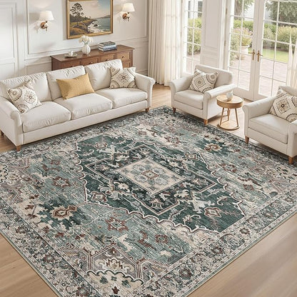 8x10 Washable Area Rugs for Living Room: Non Slip Vintage Green Rug, Large Soft Stain Resistant Indoor Floor Carpets for Bedroom Dining Room Nursery Home Office Kid & Pet Friendly