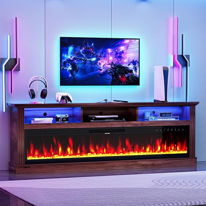 58" Fireplace TV Stand, TV Stand with 52" Fireplace, LED Light Entertainment Center with Storage Cabinets, Modern Media TV Console TV Table for Living Room, Brown