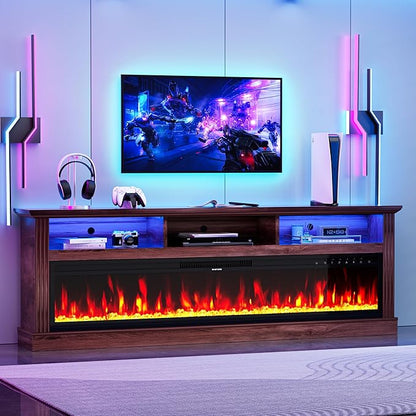 58" Fireplace TV Stand, TV Stand with 52" Fireplace, LED Light Entertainment Center with Storage Cabinets, Modern Media TV Console TV Table for Living Room, Brown