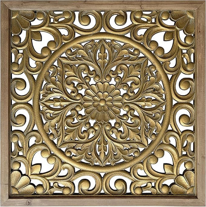 XIAOAIKA Boho Carved Wood Wall Sculpture, Intricate Floral Mandala Design with Distressed Gold Finish, Vintage Farmhouse Wall Art Panel with Solid Wood Frame for Bedroom Entryway (22.5" x 22.5")