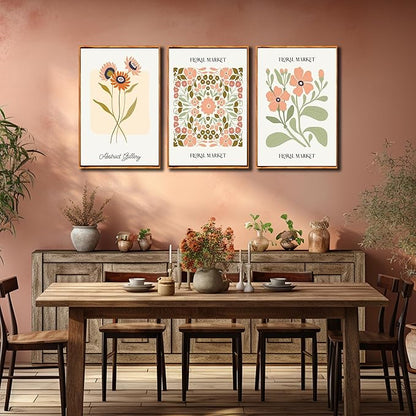 3 PCS Boho Floral Canvas Wall Art, Framed Rustic Botanical Canvas Paintings Prints ArtWork for Living Room, Vintage Flower Pictures for Farmhouse Dining Room Hallway Bedroom Wall Decor 24"x36"