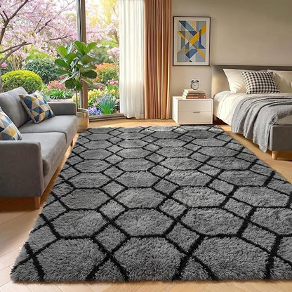 ONASAR Area Rugs for Bedroom Living Room, Fluffy 4x6 Grey and Black Bedside Rug for Nursery Kids Teen Dorm, Soft Shaggy Geometric Plush Fuzzy Indoor Floor Carpet for Home Decor Aesthetic