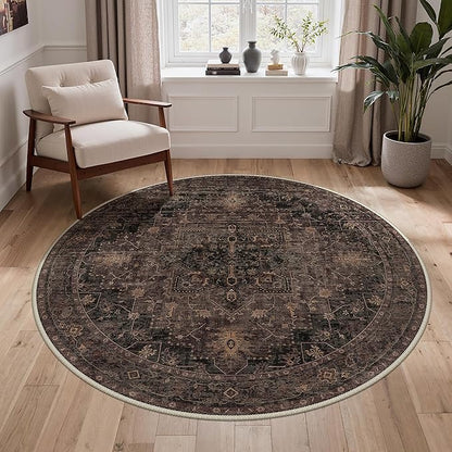 GENIMO 5FT Round Area Rugs for Living Room, Circle Rugs Machine Washable Low Pile, Chenille Non Slip Vintage Rug for Bedroom, Dining Room, Home Office, Charcoal Brown