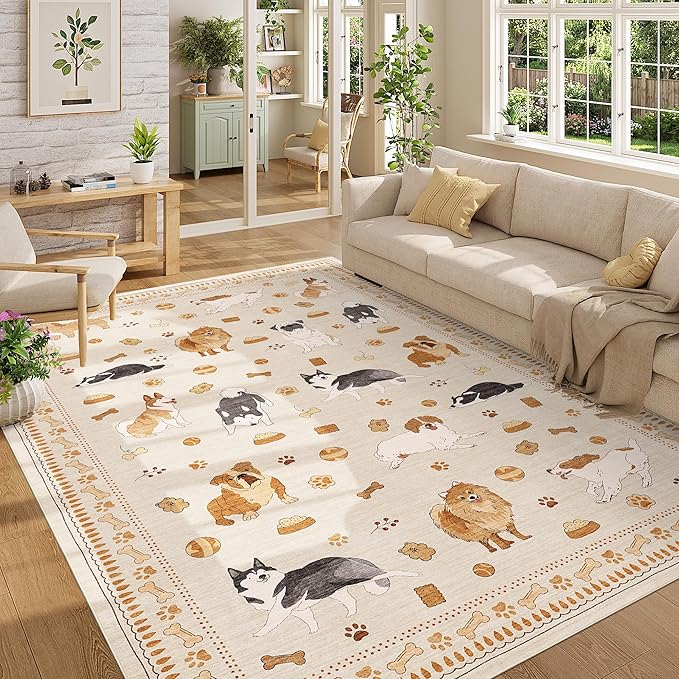 DUKINO 6x9 Rug for Living Room, Lightweight Animal Dog Print Washable Area Rug, Non Slip & Low Pile Floor Mat, Stain Resistant Large Carpet for Bedroom, Nursery, Farmhouse, Kids Playroom, Beige Yellow