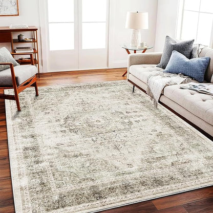 CHAMPLANT Area Rug 6'x9' Washable Vintage Floral Khaki Traditional Floor Cover Thin Retro Kitchen Indoor Distressed Non Slip Carpet for Living Room Bedroom Dining Room