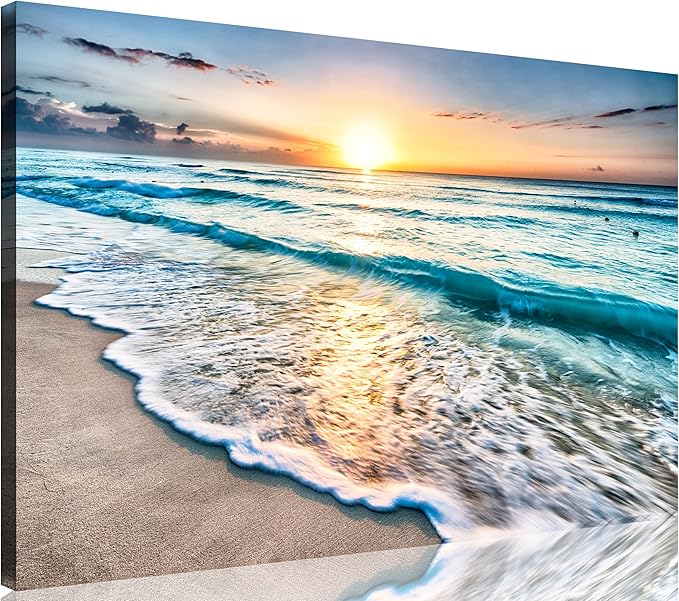 TutuBeer 1 Pcs Beach Wall Art Beach Pictures Ocean Pictures Wall Decor Blue Sea Sunset White Ocean Print on Canvas Seascape Canvas Art for Bedroom Home Decor Ready to Hang 24x36 inch
