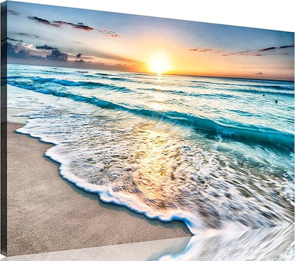 TutuBeer 1 Pcs Beach Wall Art Beach Pictures Ocean Pictures Wall Decor Blue Sea Sunset White Ocean Print on Canvas Seascape Canvas Art for Bedroom Home Decor Ready to Hang 16x24 inch