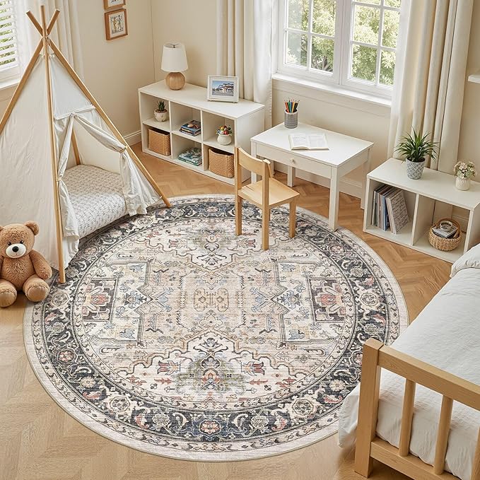 Area Rug for Living Room - 8x8 Large Soft Washable Oriental Vintage Floral Carpet Safe for Babies & Pets - Fade Stain Resistant Non Slip Rugs for Bedroom Dining Room Nursery Dorm Office Home Decor