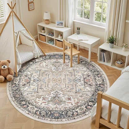 Area Rug for Living Room - 8x8 Large Soft Washable Oriental Vintage Floral Carpet Safe for Babies & Pets - Fade Stain Resistant Non Slip Rugs for Bedroom Dining Room Nursery Dorm Office Home Decor