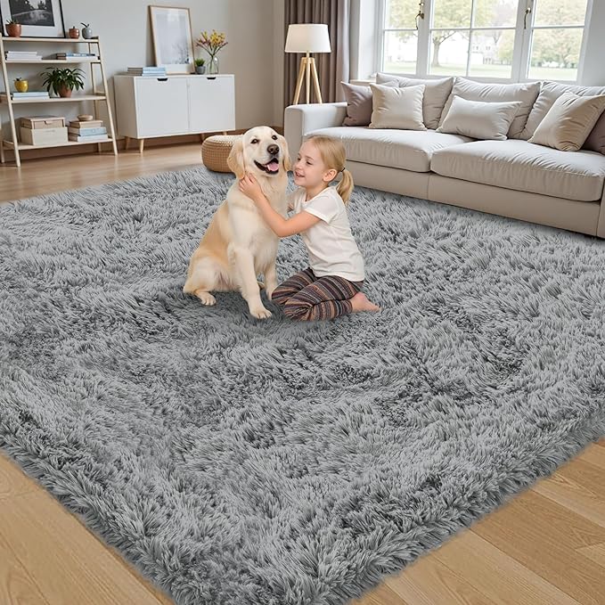 5x7 Area Rug for Living Room:Ultra Soft Fluffy Shag Light Grey Rugs,Large Fuzzy Plush Indoor Non Slip Carpet Washable Rug for Bedroom Kids Nursery Office Dorm Modern Decor(Light Grey 5'x7')