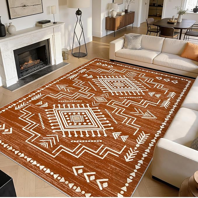 Joydeco Moroccan Washable 8x10 Rugs for Living Room, Western Burnt Orange Large Area Rug for Bedroom Dining Room, Soft Stain Resistant Aztec Carpet Fall Rug for Guestroom Office Playroom