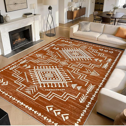 Joydeco Moroccan Washable 8x10 Rugs for Living Room, Western Burnt Orange Large Area Rug for Bedroom Dining Room, Soft Stain Resistant Aztec Carpet Fall Rug for Guestroom Office Playroom
