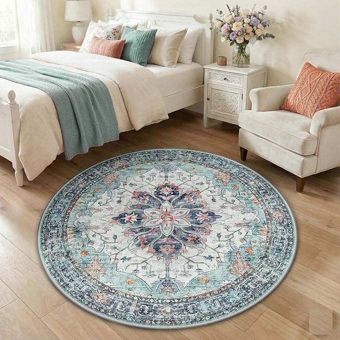 RELEANY Area Rugs Round 4ft Washable Non-Slip, Floral Vintage Distress Print Pattern Medallion Carpet for Living Room Bedroom Dining Room, Green Navy Blue White Red Teal Colorful