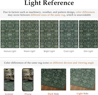 8x10 Washable Area Rug for Living Room Bedroom Vintage Green Non Slip Carpet Traditional Retro Soft Low Pile Large Throw Rug for Dining Room Kitchen Office Indoor